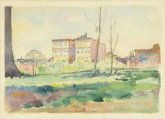 A watercolor painting of Savannah by Hattie Saussy. Seen from a park it shows several four- or five-story brick buildings across the way, partially blocked by greenery. The image is soft and pastel, more abstract in the foreground and more precise in the background.