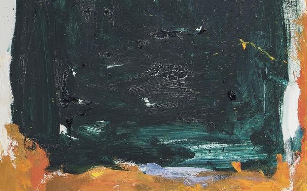Close-up detail of an abstract painting by Joan Mitchell that shows some traction crackle in areas of thick, dark green paint.