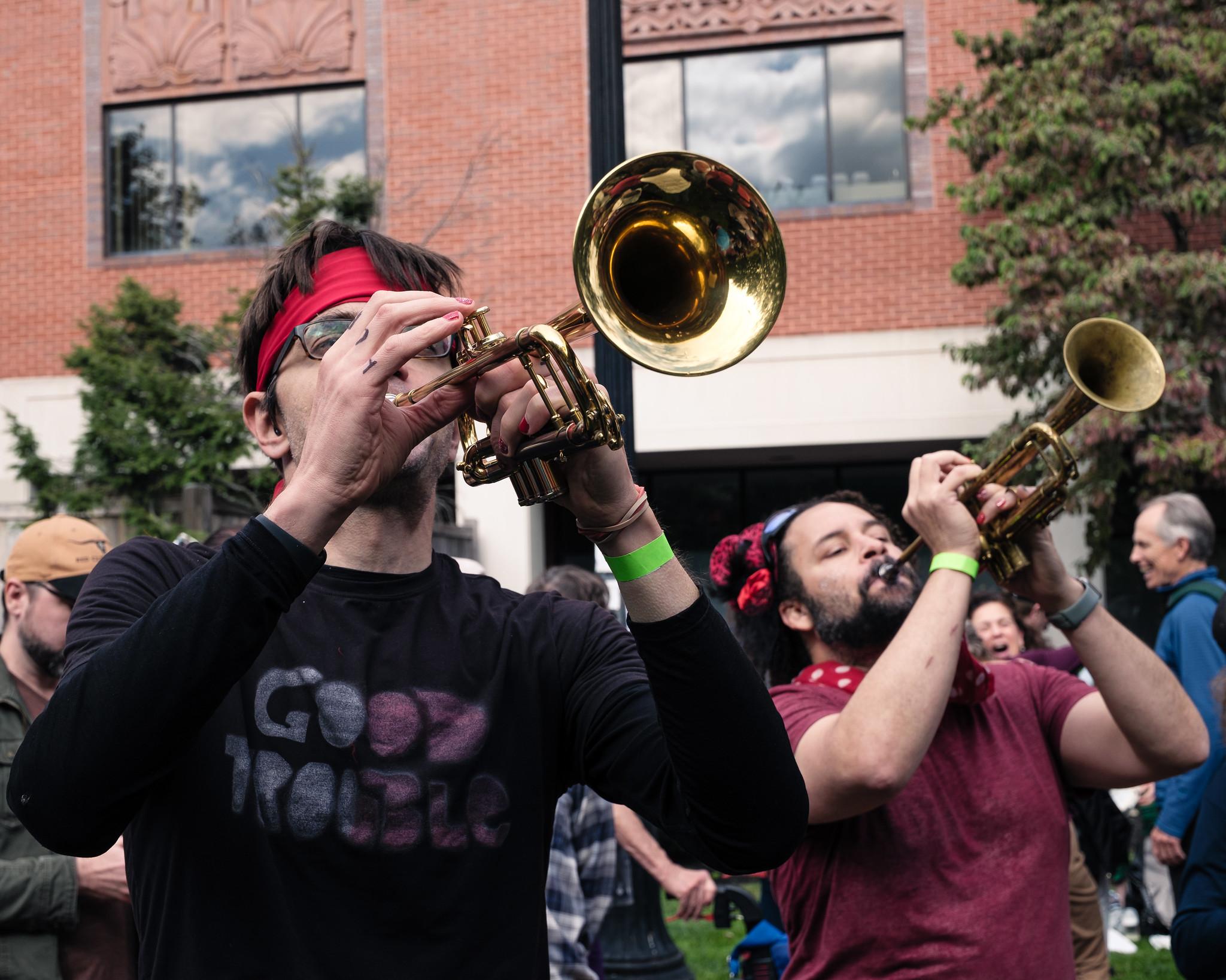 Two trumpet players from the Good Trouble Brass Band