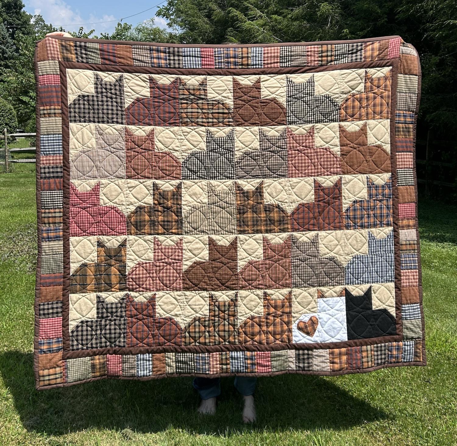 A very large throw quilt made up of rows of cats in various shirting fabrics in pinks and browns and blues and oranges. Some of the cats are sitting with their butts touching and some are head-to-head. There's a thin brown border, then a thick border of vertical or horizontal strips of the shirting. In the bottom right corner are two outliers, a white cat with orange highlights and a black cat.
