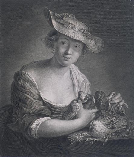 An etching of a woman in a low-cut dress, wearing a floppy hat decorated with flowers. She sits with a nest of birds, holding several of them in her hands as she looks off to our left.