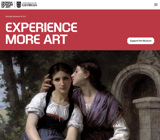 A screenshot of the Georgia Museum of Art's new website, with the words "experience more art" at the top and a detail of the painting "La Confidence"