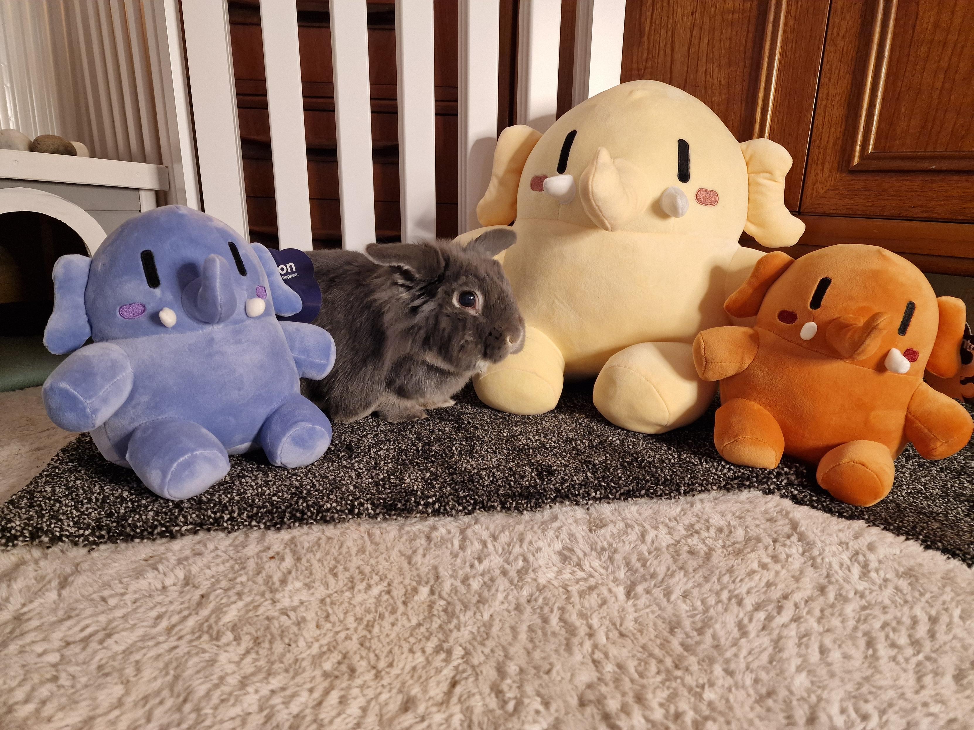 3 mastodon plush toys and a grey rabbit