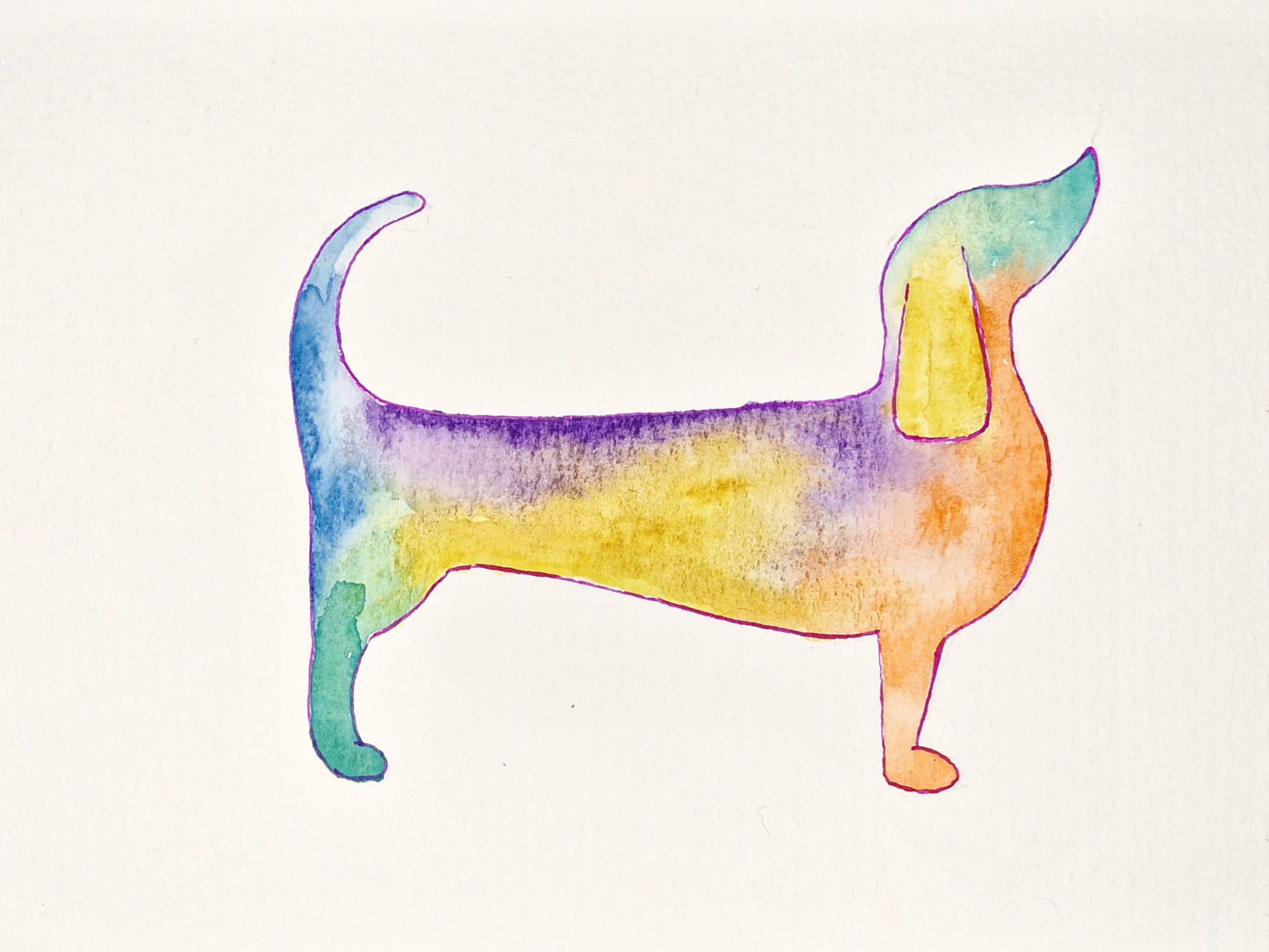 watercolour of a sausage dog in rainbow colours