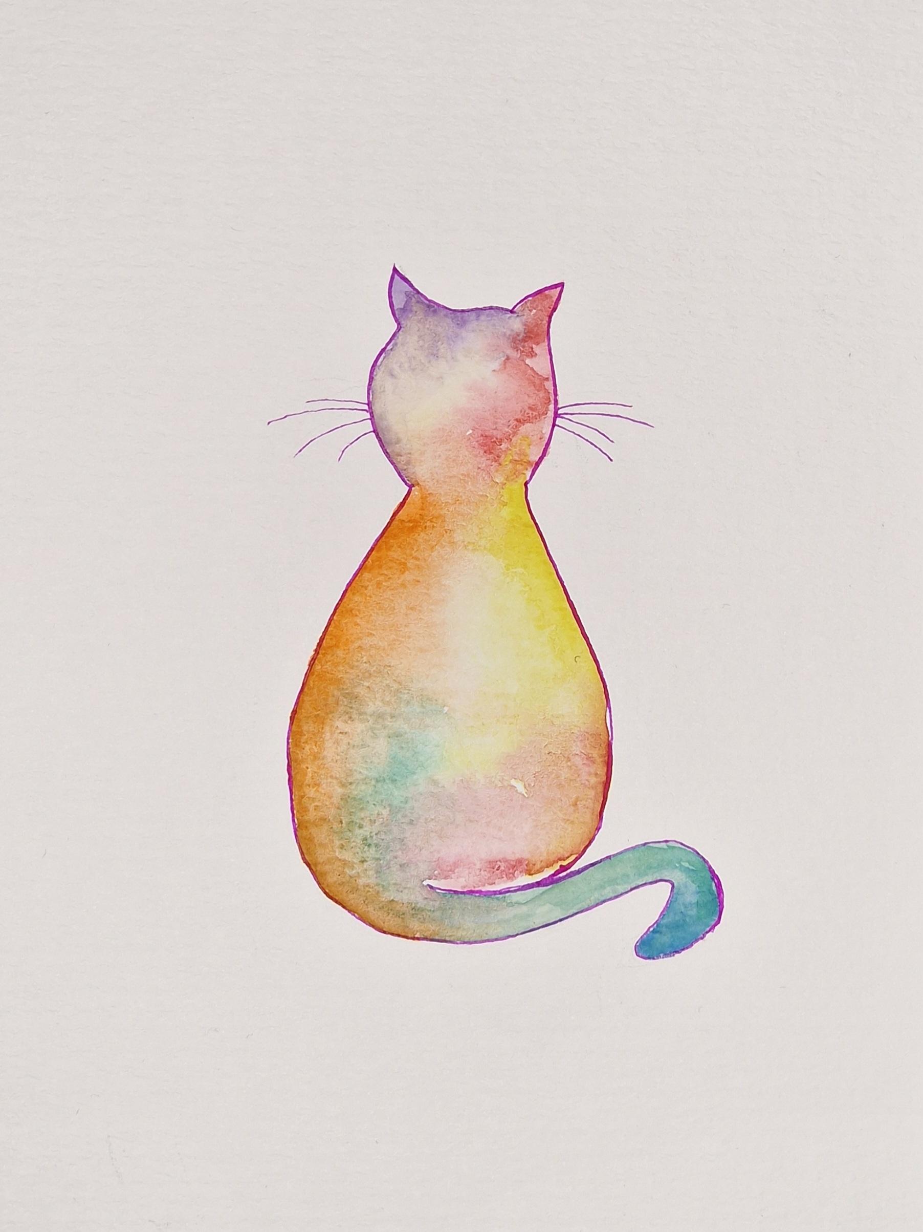 Watercolour of a cat in rainbow colours