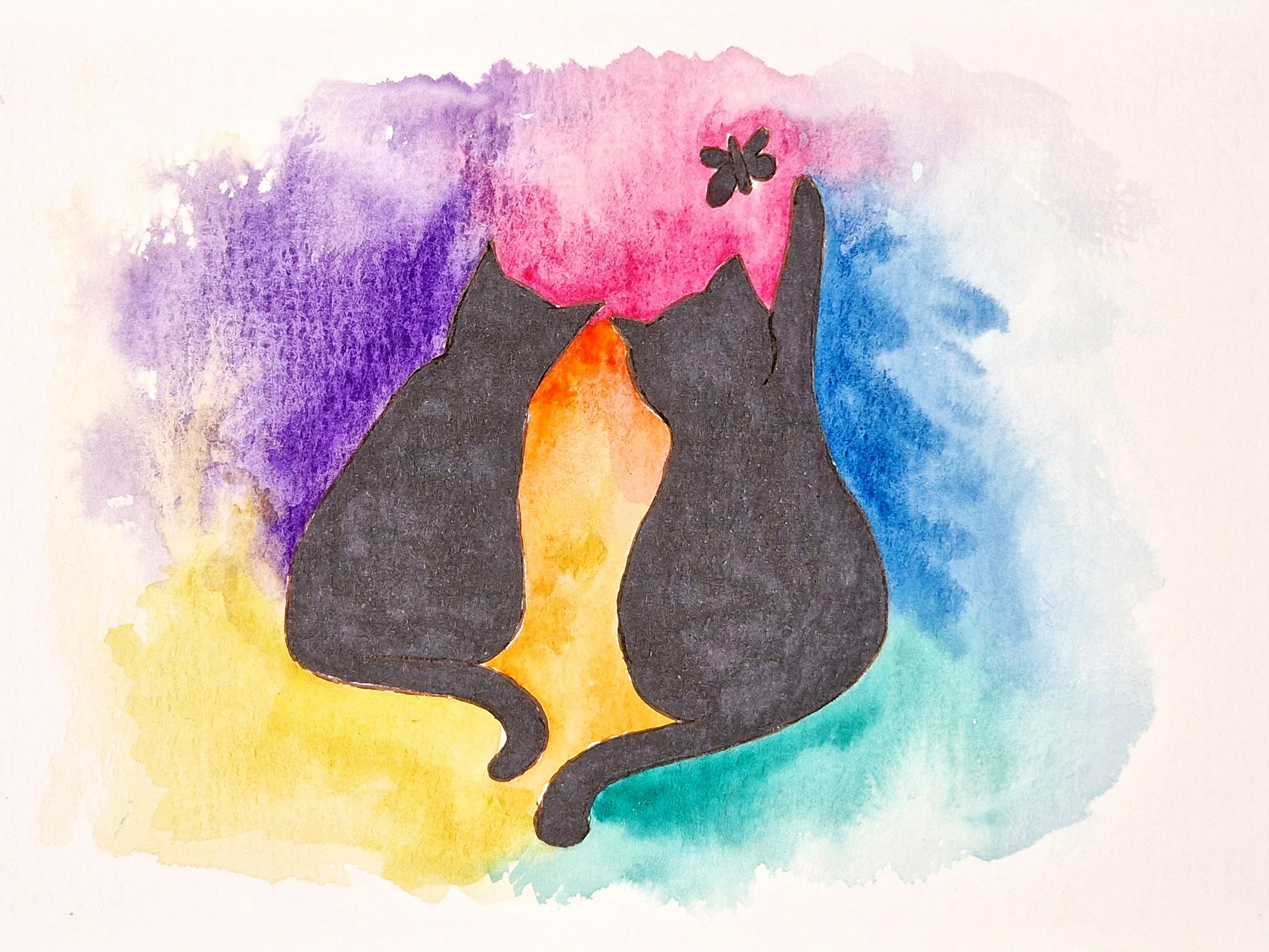 silhouettes of two cats, one batting at a butterfly, the background is watercolour rainbow colours
