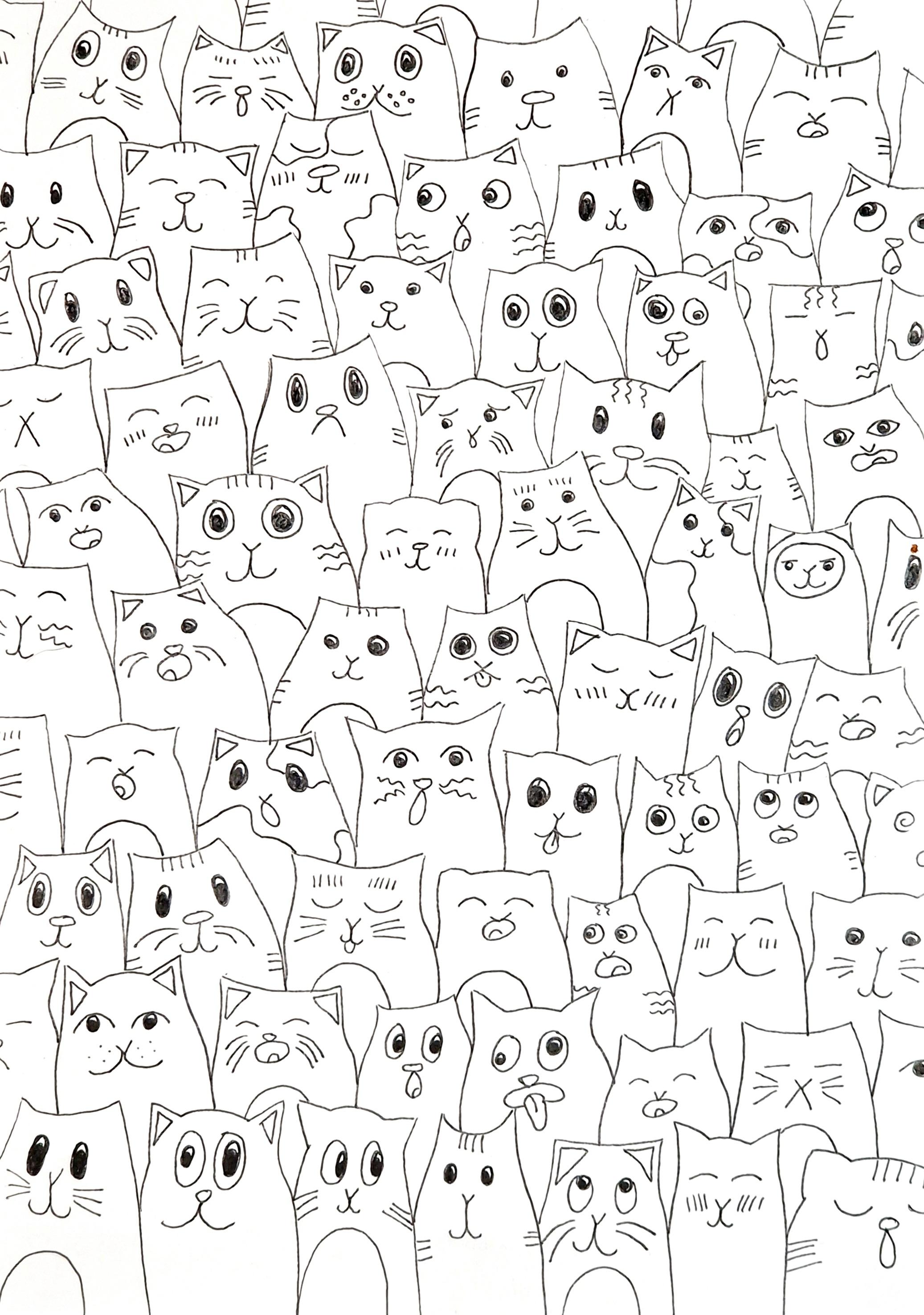 Page full of lots of cartoon cats all with different faces and expressions