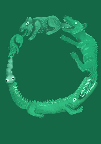 Digital drawing in monochrome jade green. An Ouroboros loop of animals eating each other in a chain. A rat is eating Freddo, a cat is eating the rat, a dog is eating the cat, a crocodile is eating the dog, and Freddo is eating the crocodile. All the animals are kind of funky looking, with heavy hand-drawn fur textures etc.