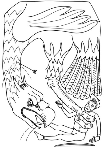 Digital drawing attempting to mimic a medieval woodcut style. A monstrous eagle fills most of the frame, with its torso at the top of the image and its long neck, leg, and tail extending down from that. In its talons, it is grasping a hunter, who is dropping a bow. The hunter has landed a single arrow in its neck, and the eagle is returning the insult by biting at the hunter's leg with its massive beak.