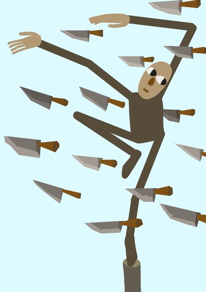 Digital drawing in flat colours. A cartoonish person in a brown unitard is making a very exaggerated pose with their long limbs, balancing on one foot on a wooden pole. They're doing this to elegantly avoid the storm of knives being thrown towards them (every knife is missing them, they're fine!)