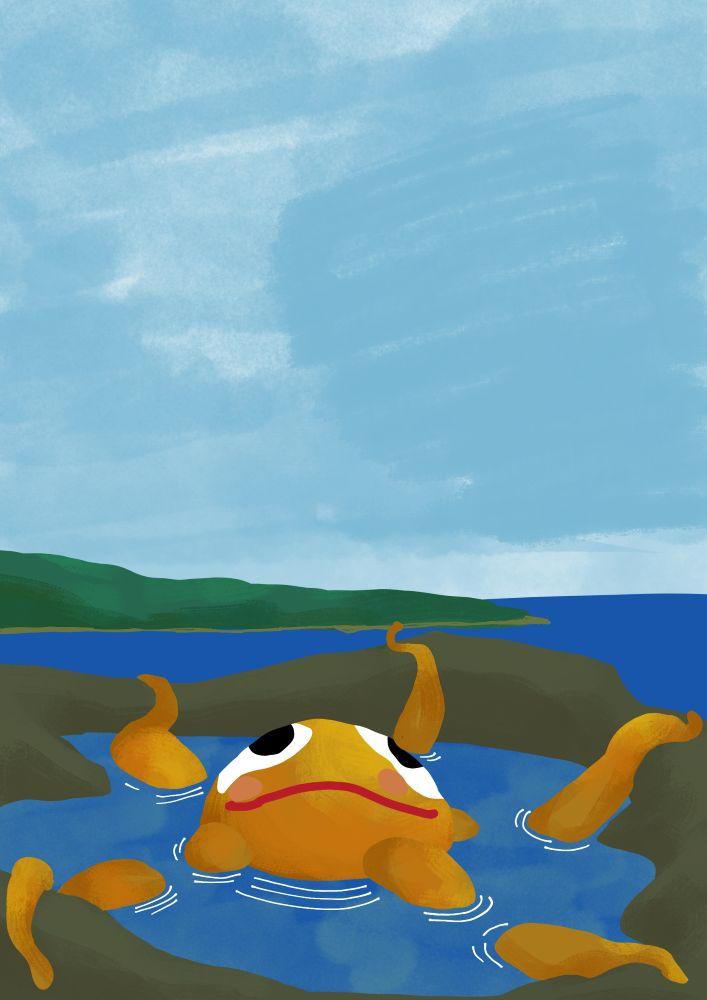 Digital painting in bright flat colours with some brushy texture on the shapes. A coastal scene. A big round orange starfish basks in a rock pool. Either the starfish is very very big, or the pool is very small, because all of the starfish's arms are out of the water, resting on the rocks. The middle of the starfish is a round blob, with a relaxed looking cartoon face. The starfish looks relaxed.