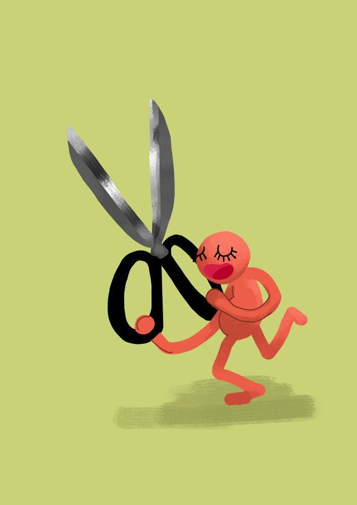 Digital painting in bright, flat colours on a flat lime green background. A simple pink blobby person is running with a comically gigantic pair of metal scissors in their hands. They have their eyes closed in a carefree expression.