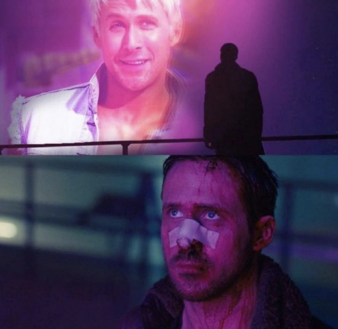 A battered Ryan Gosling in Blade Runner 2049 glaring at a pink lit billboard. The hologram girlfriend Joi has been replaced with Ryan Gosling as Ken, lit in bright pinks and purples. (Found on Instagram, @fiftygradesofshea)