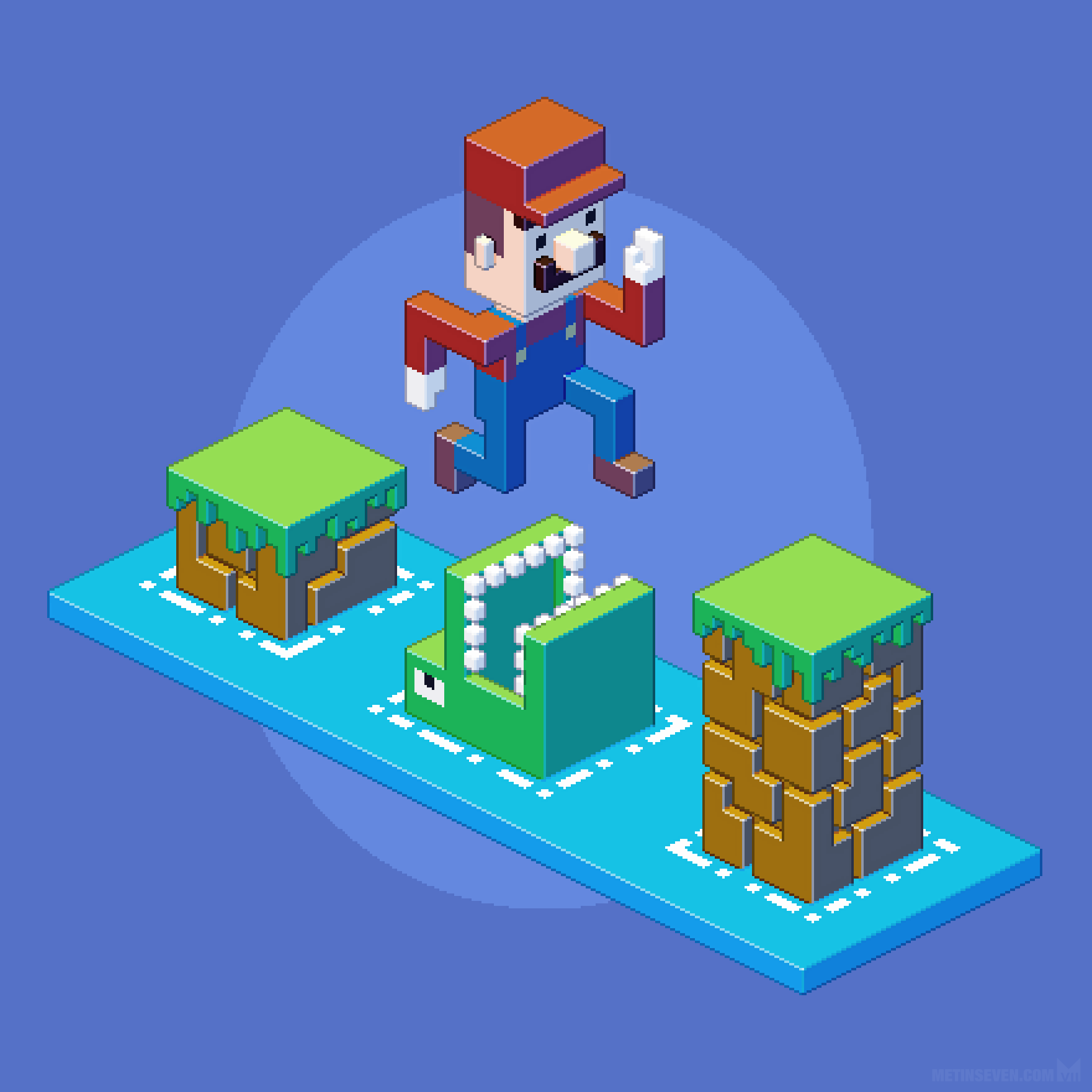Isometric pixel artwork of a cubical-style Mario jumping between platforms, over a monster trying to eat him.