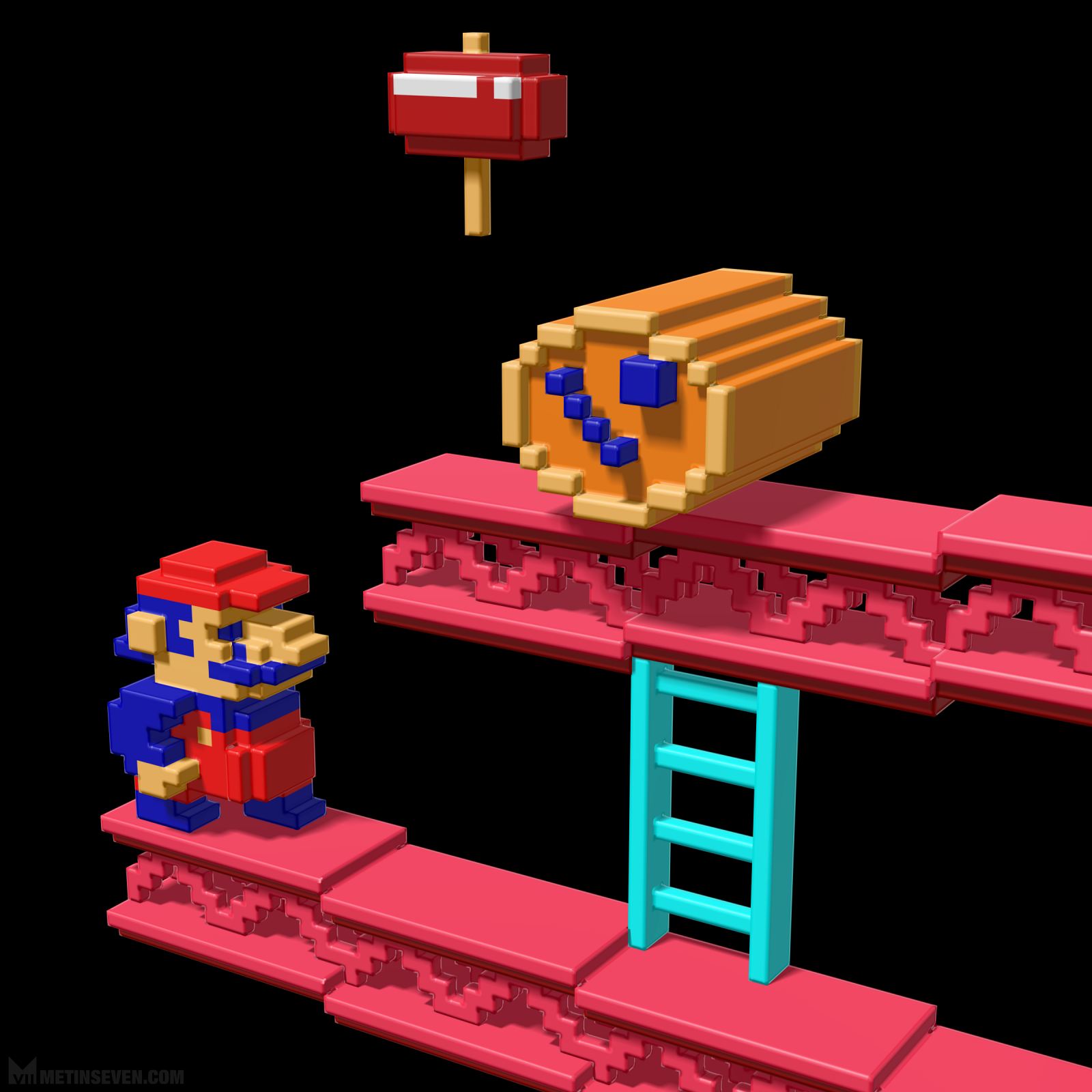 Voxel artwork, featuring Mario in a detail of the Donkey Kong game environment, level 1.