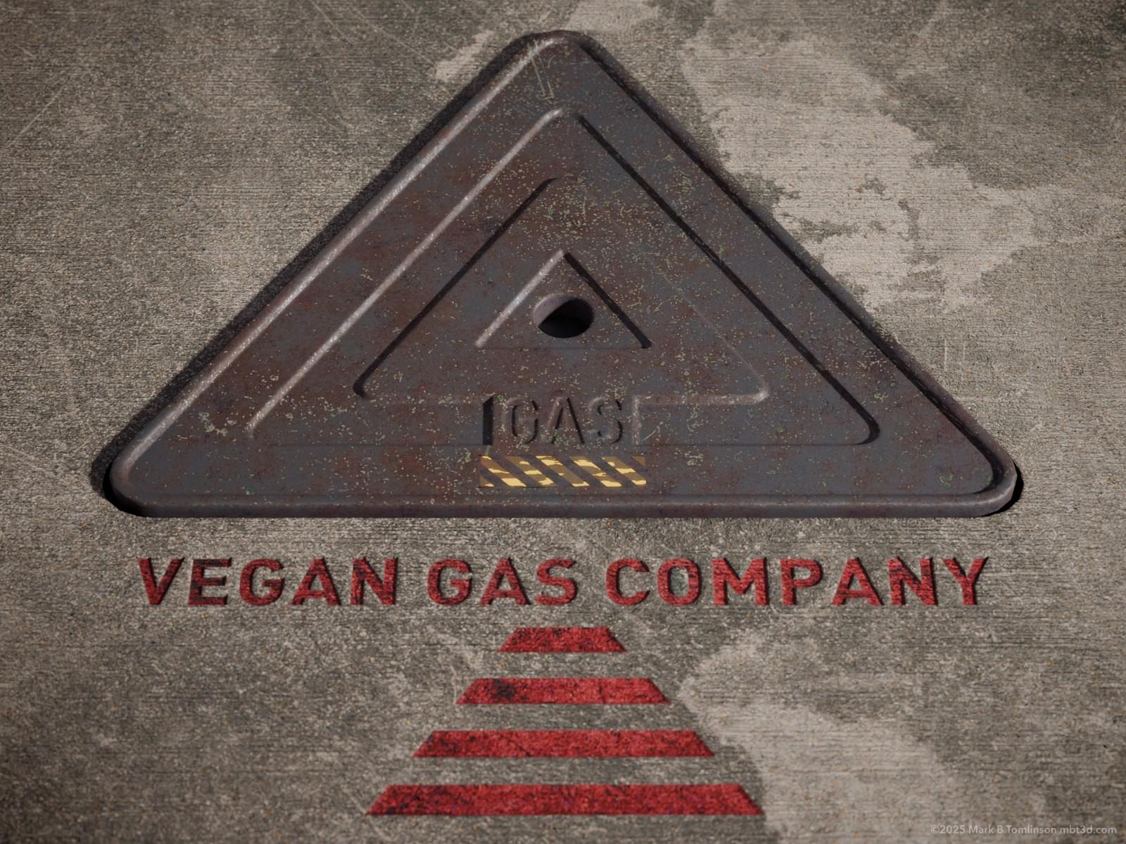 Triangular gas valve floor cover with Vegan Gas Company imprinted in stone.