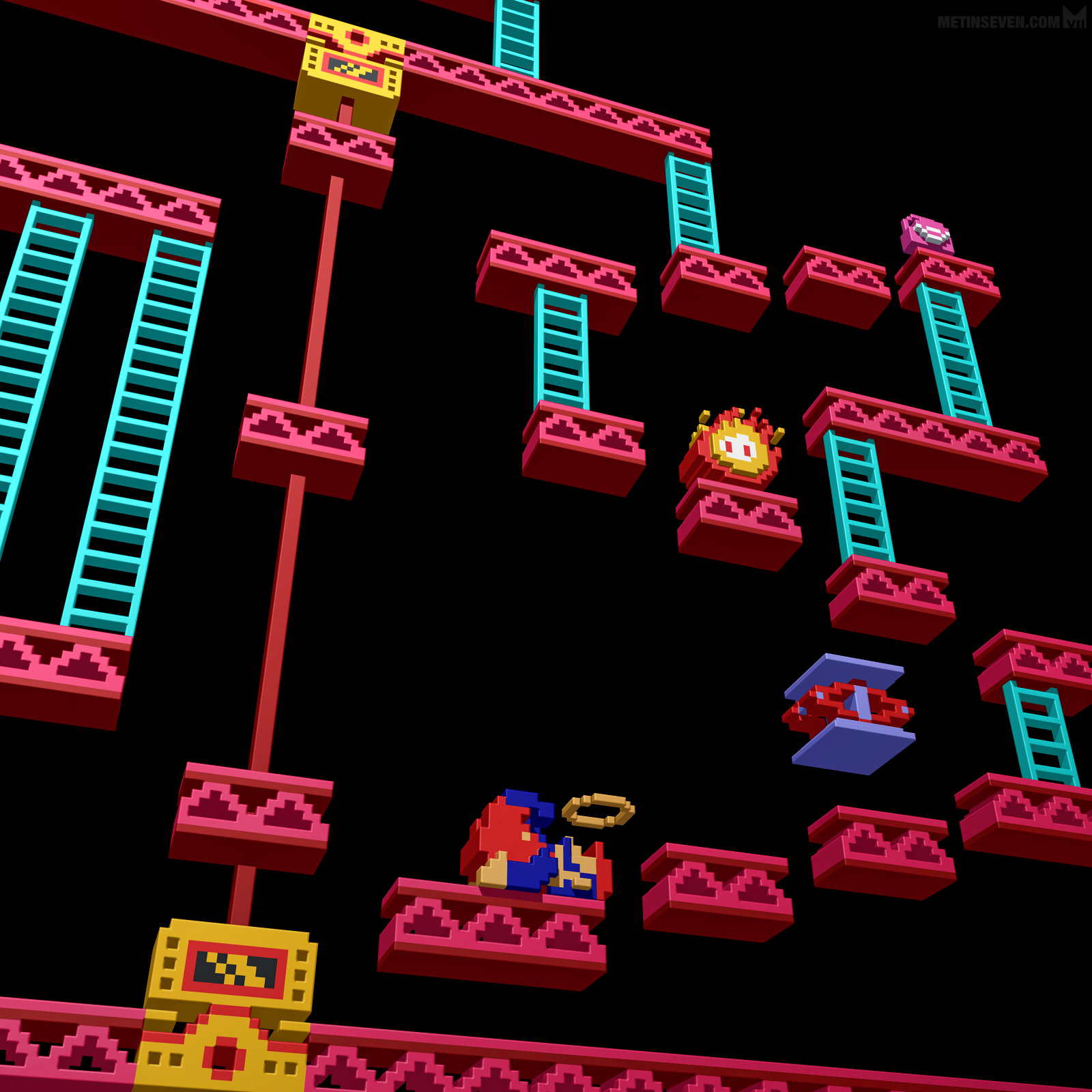 Voxel artwork, featuring Mario in the Donkey Kong game environment, level 3.