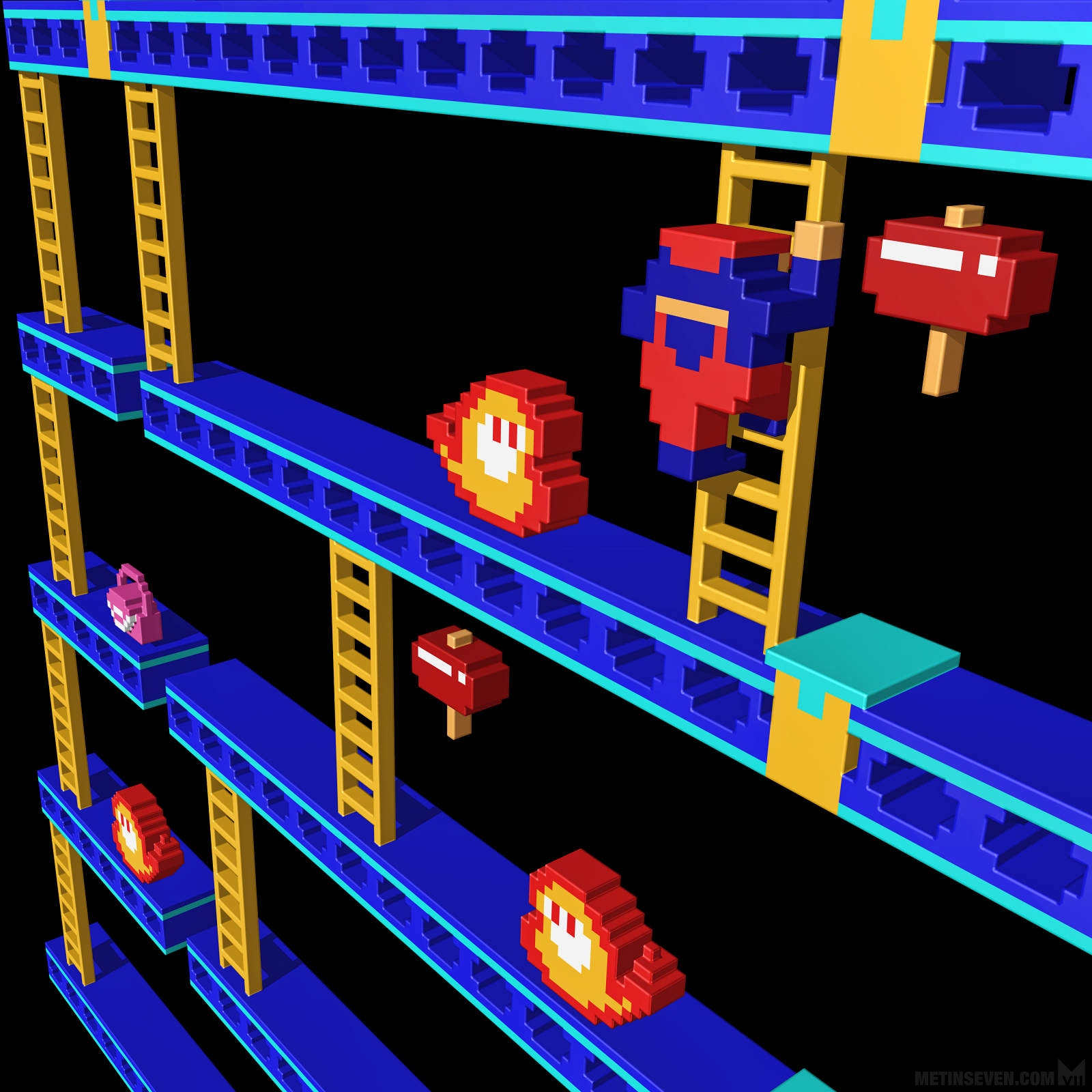 Voxel artwork, featuring Mario in the Donkey Kong game environment, level 4.