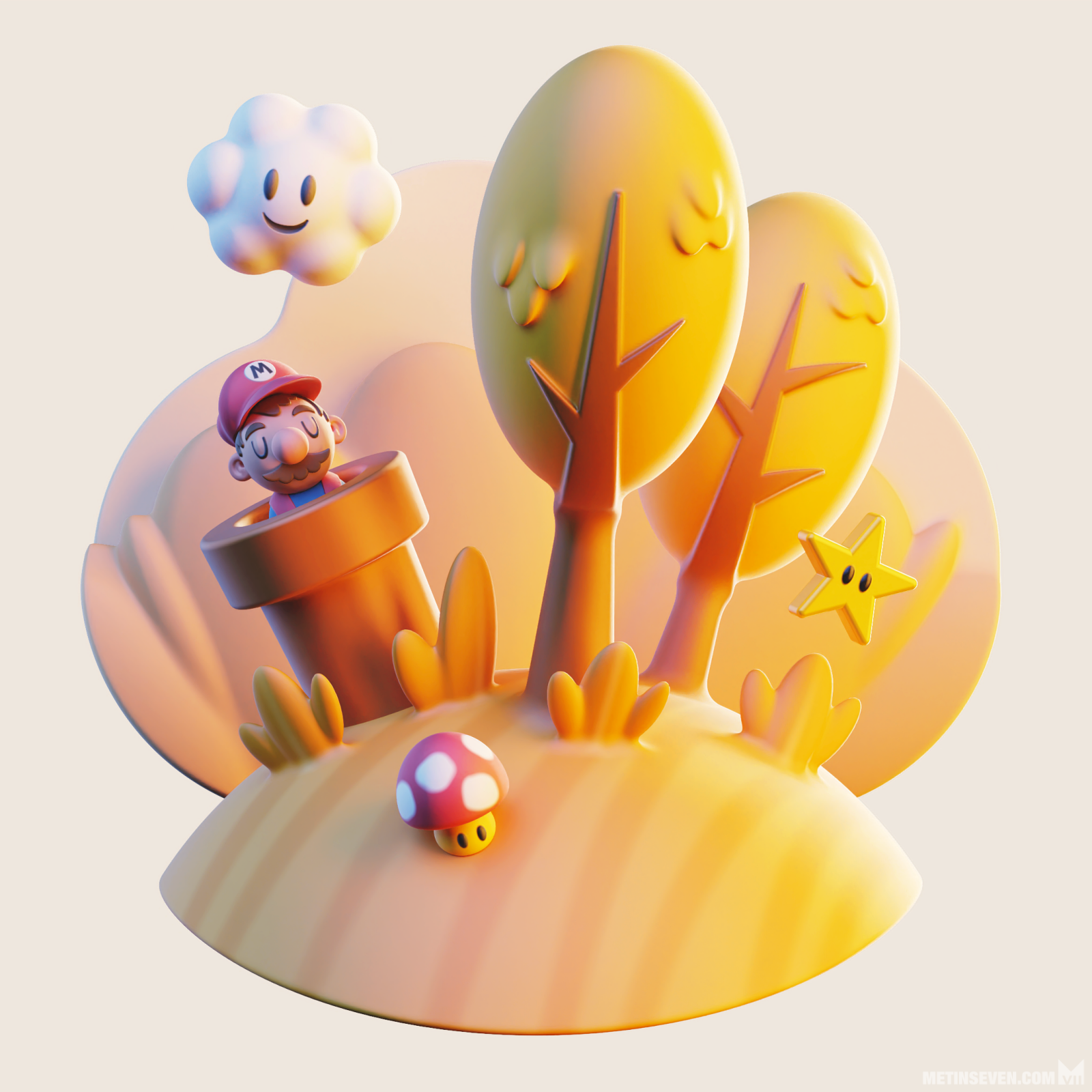 Cartoon-style 3D scene, featuring Mario inside a pipe, surrounded by scenery and characters from the game series.