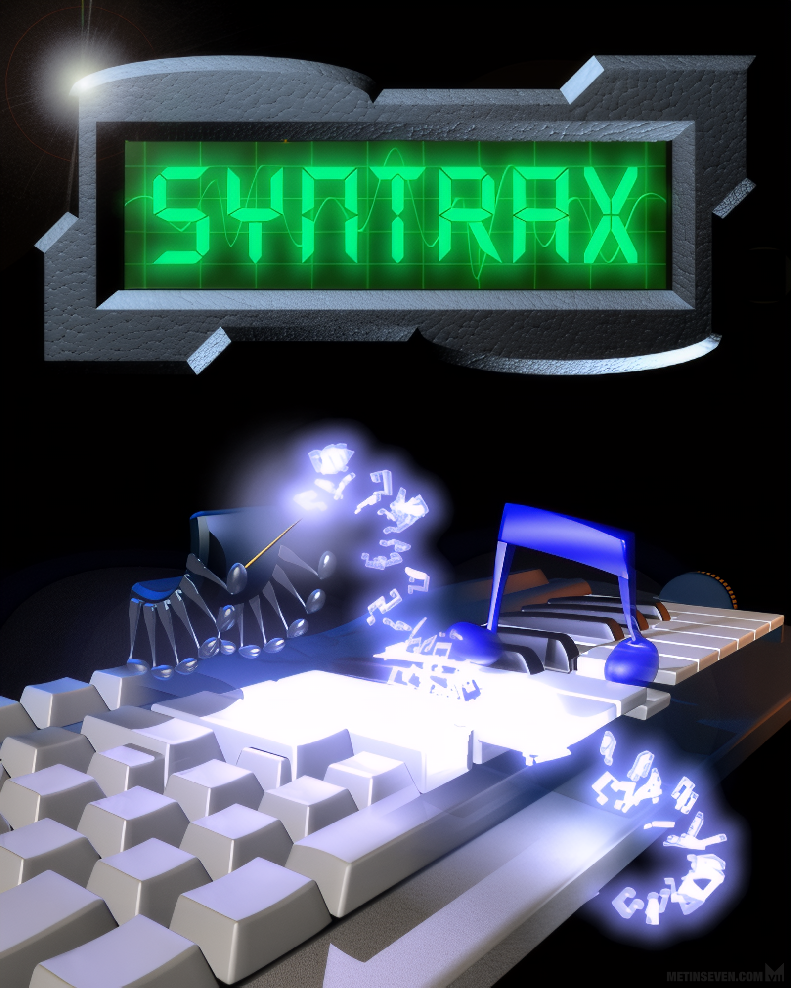 Stylized 3D artwork, showing a musical note character walking across a computer keyboard that is turned into a music keyboard by a chip-shaped sorcerer.