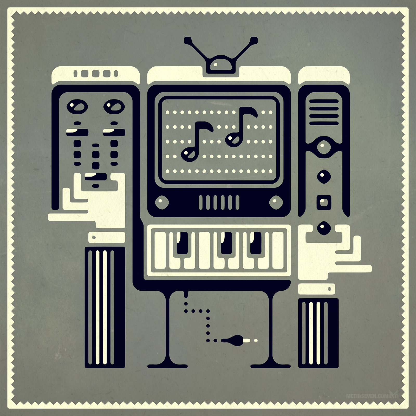 Retro cartoon style illustration, showing an old television set showing a simple music editor. In front of the TV is a music keyboard, and on both sides tof the TV are old music electronics with buttons and sliders, being controlled by two arms.