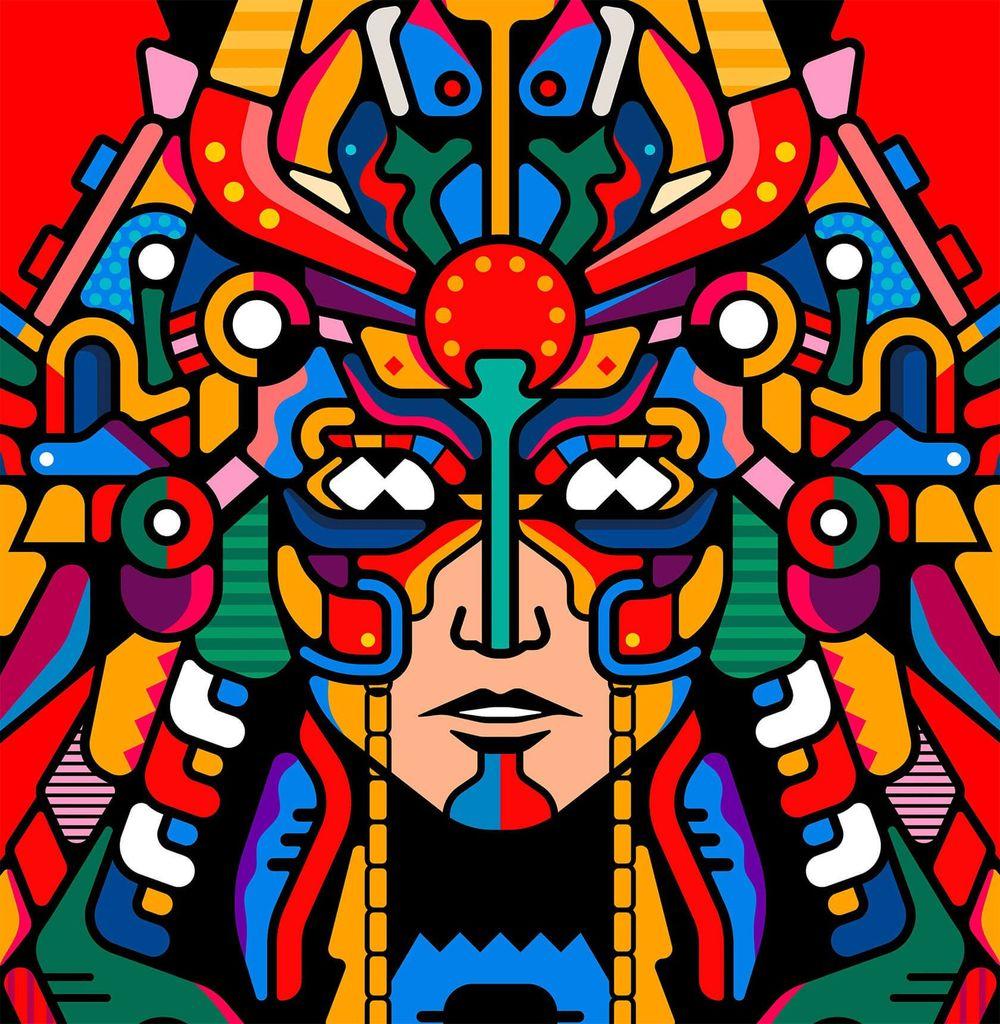 Colorful abstract face with intricate patterns and bold shapes, set against a red background.
