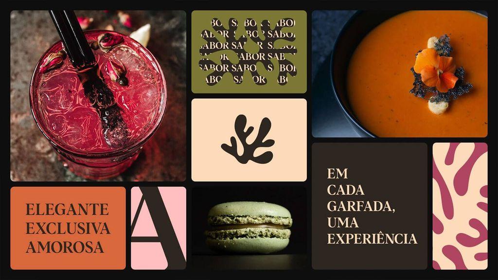 A collage featuring a vibrant red drink, alongside graphic patterns, a bowl of soup garnished with a flower, complemented by a macaron and elegant text.