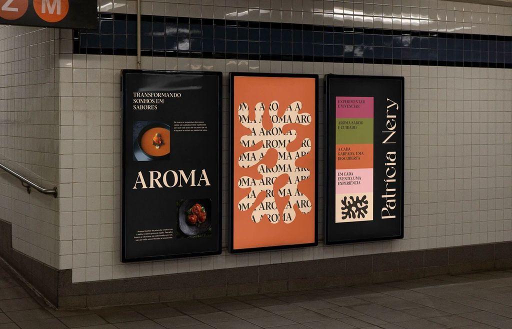 Three vibrant advertisements in a subway station, highlighting a culinary experience named "Aroma" with colorful designs and enticing text.