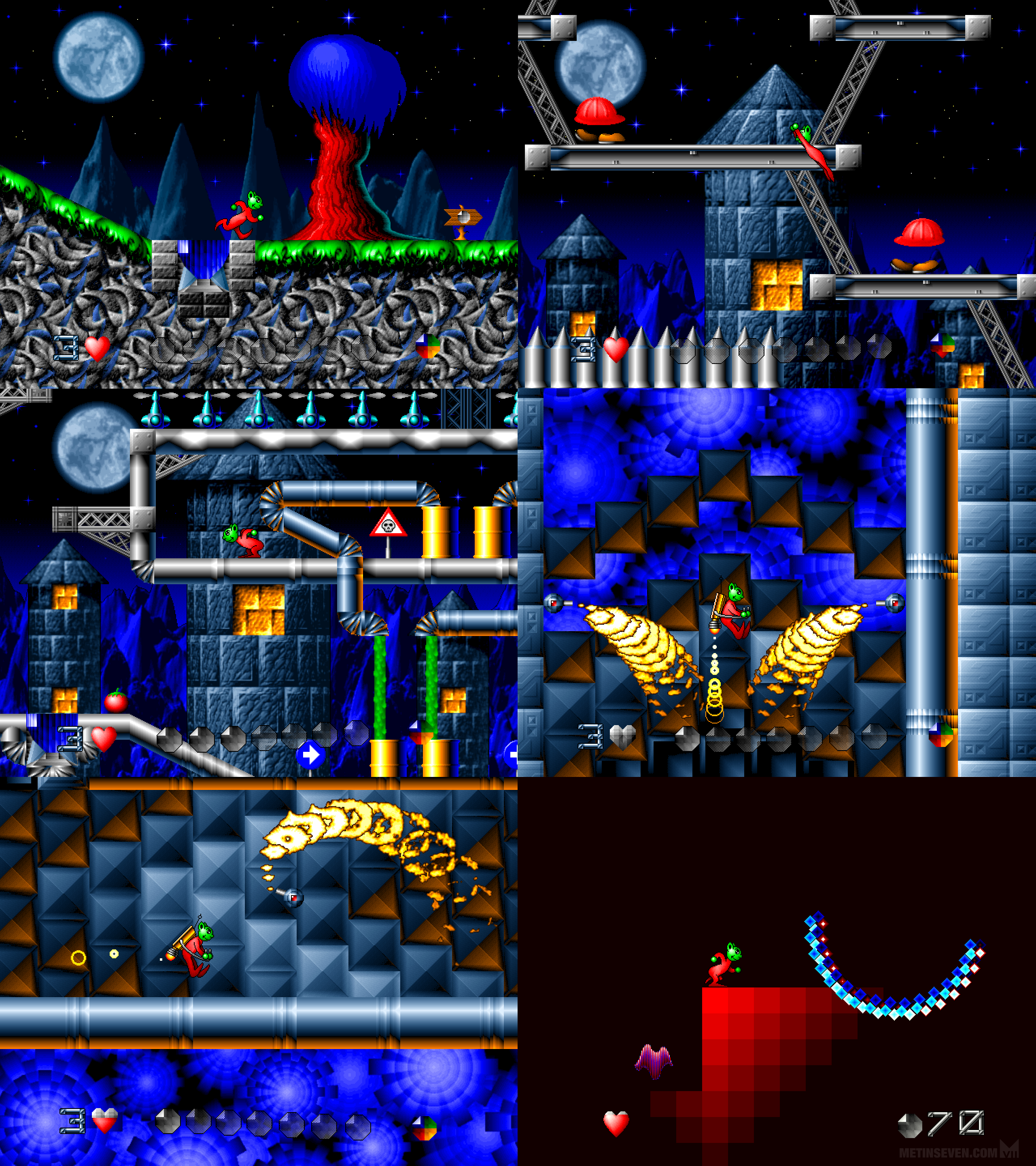 Six screenshots of the 1997 Windows platform game Moon Child.
