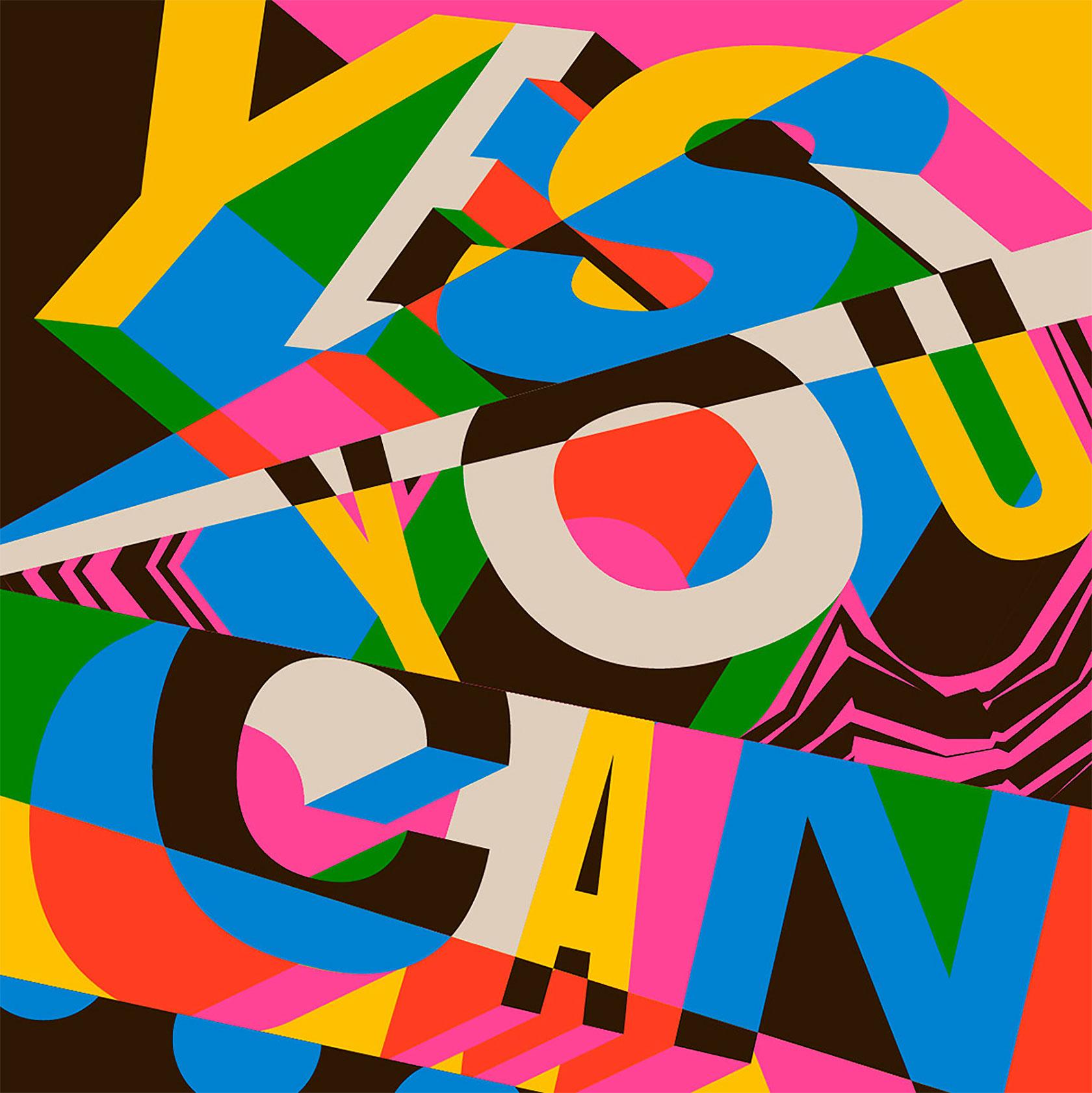 Colorful graphic design featuring the bold text "YES YOU CAN" layered in various vibrant colors and geometric shapes against a dark background.