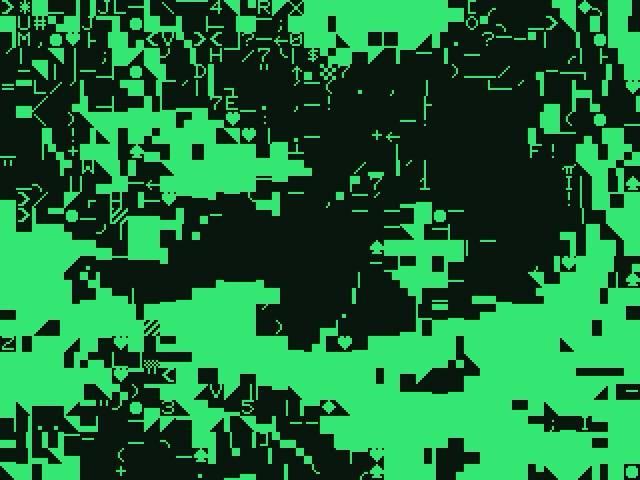 Green shapes almost like one black bear has thrown another on the ground in a forest. Retrospecs / PETSCII