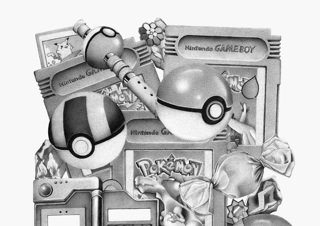 Black and white illustration featuring Nintendo Game Boy Pokémon game cartridges, Poké Balls, a PMD flute, candy, and a Pikachu card.