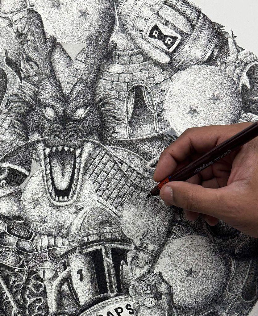 Hand drawing a detailed black-and-white stippled illustration featuring a roaring dragon, castle, and various fantasy elements.