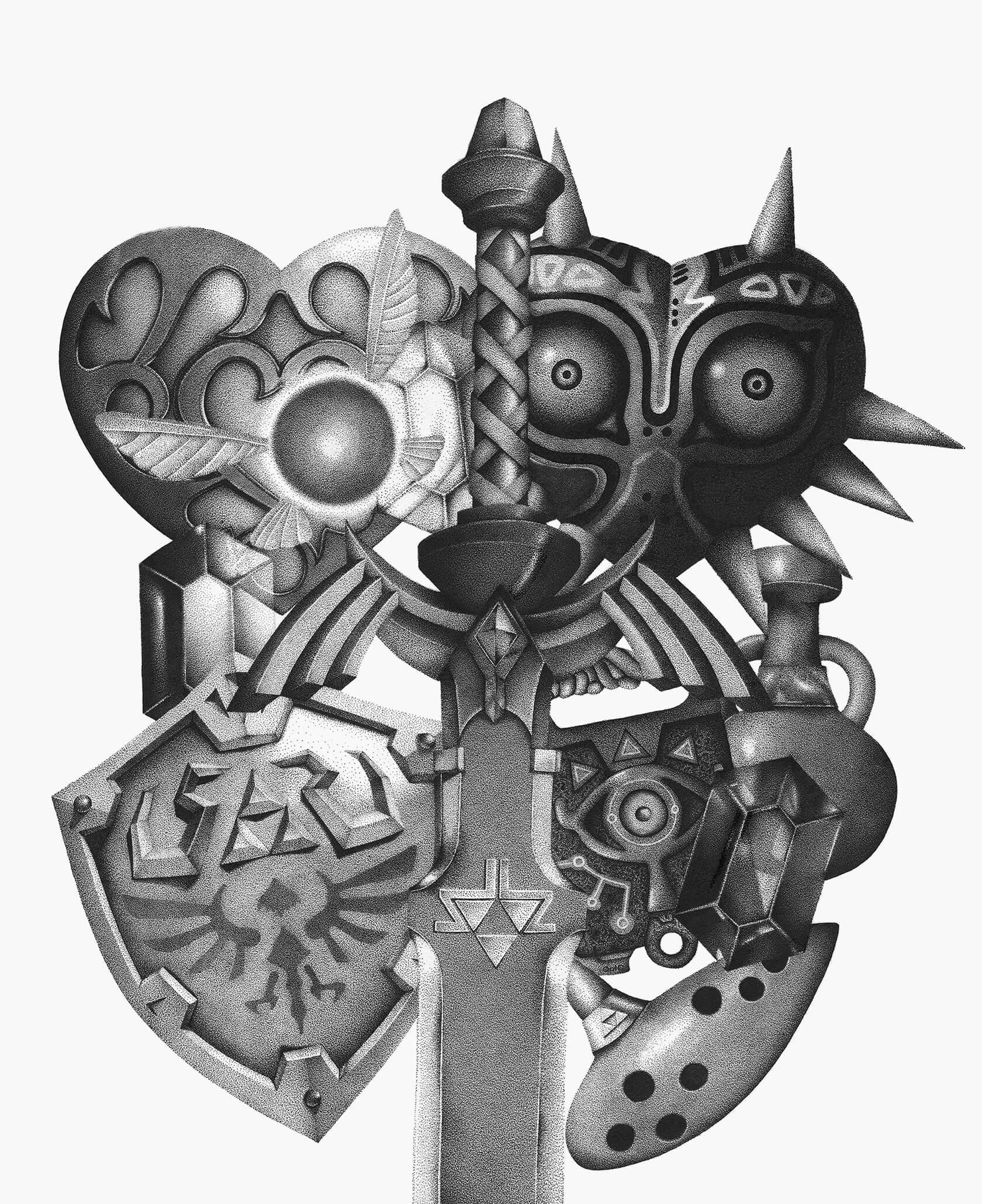 Black and white illustration of iconic Legend of Zelda items including Master Sword, Hylian Shield, Majora's Mask, Ocarina, and Navi.