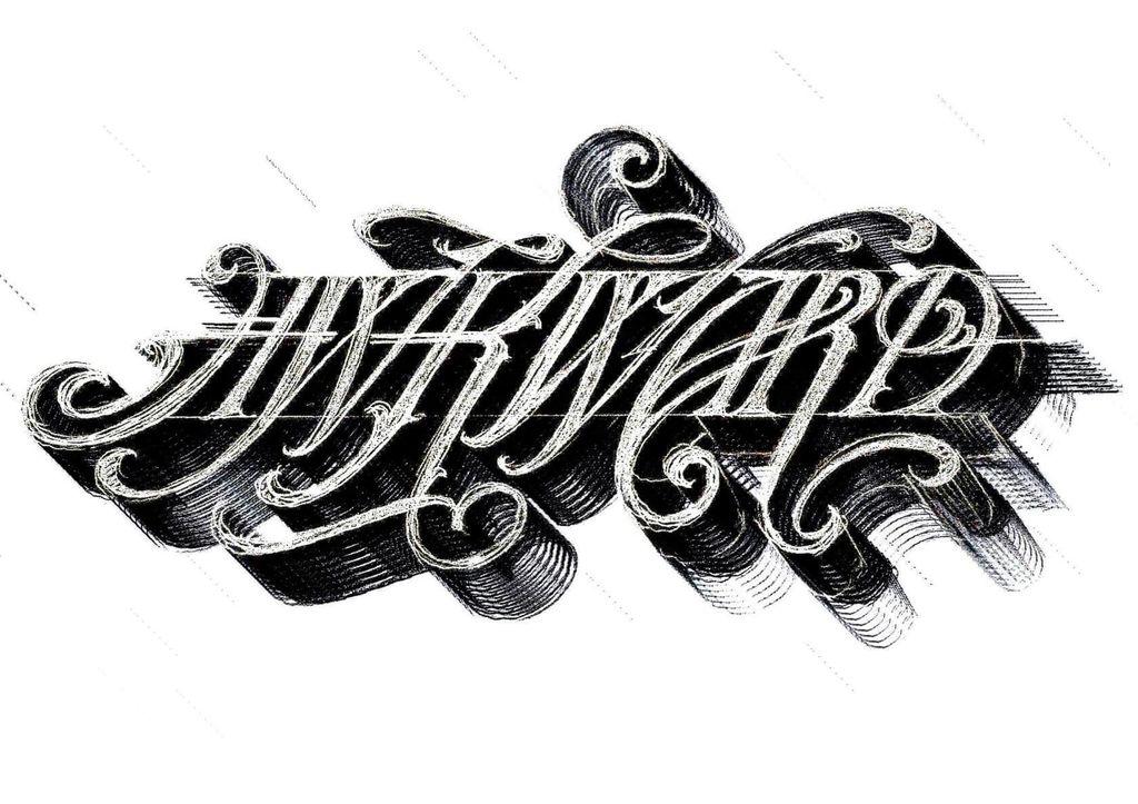 Intricate black and white calligraphy with ornate swirls and shadows spelling "Awkward" in a decorative script.