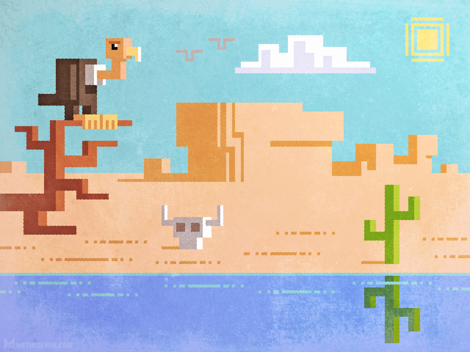 Low-resolution pixel art of a desert scene, featuring a vulture on a tree branch, a cattle skull, cactus and a canyon in the background.