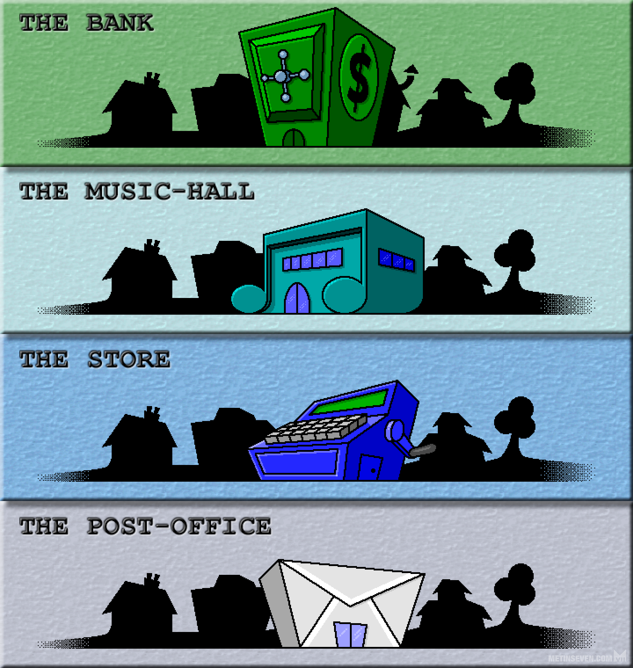Four Web site headers, depicting a bank, music-hall, store and post-office as buildings in the shape of a safe, a music note, cash register and postal envelope.