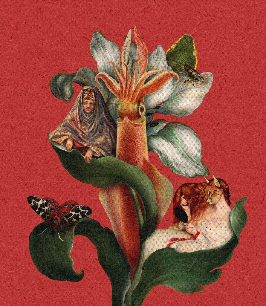 Surreal collage of a squid and flower with a woman in a veil, a leopard with a human arm, butterfly, and beetle on red textured background.