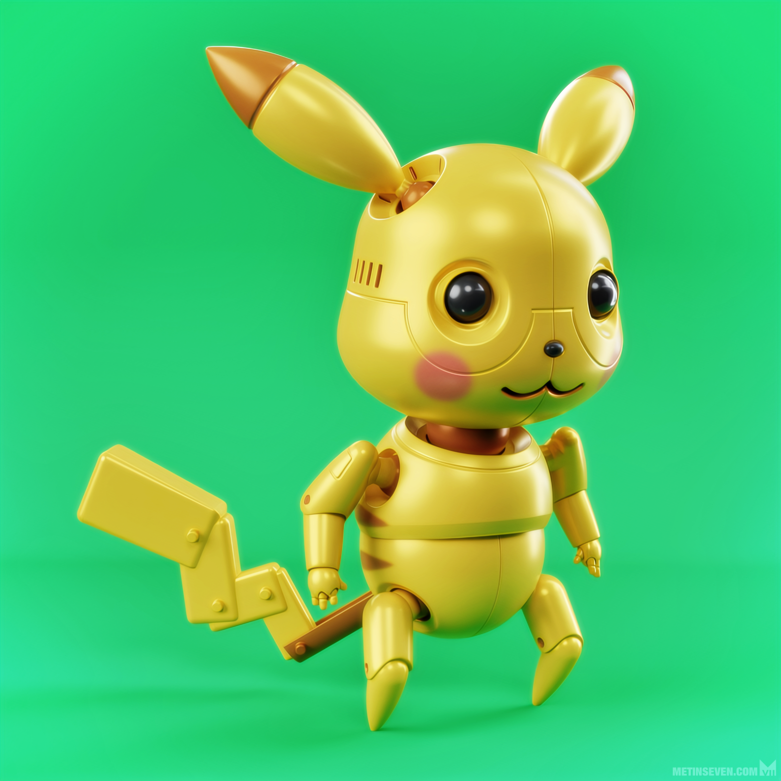 A robotic, metal 3D Pikachu.