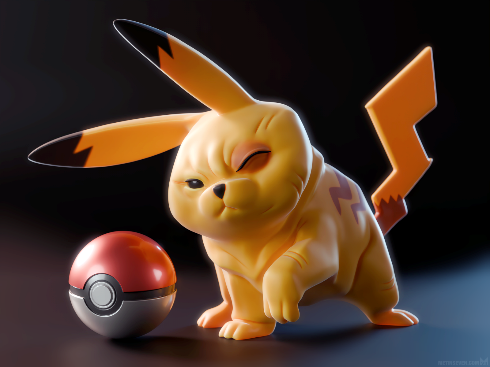 A stylized Pikachu, bruised after a battle, standing next to a Poké Ball.
