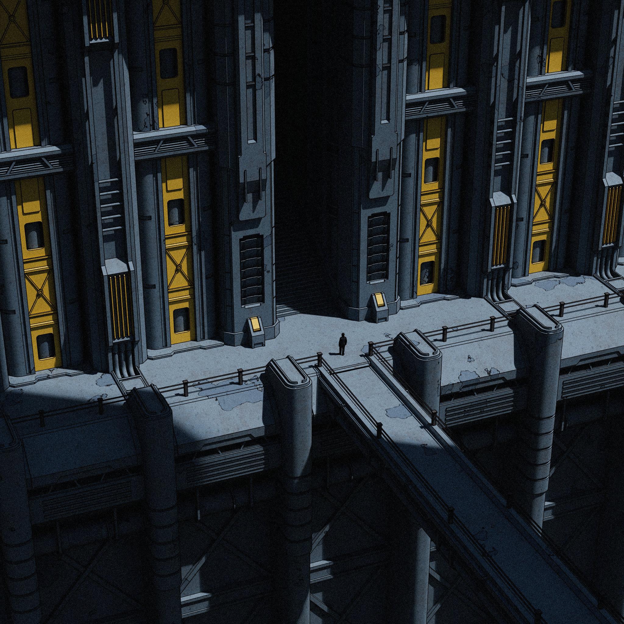 A single human figure, barely a silhouette, stands dwarfed at the foot of an immense industrial megastructure. Grey columns rise past the frame, lit from within by yellow panels. Walkways and railings sprawl below. Cold blue-grey palette, illustrated sci-fi render.