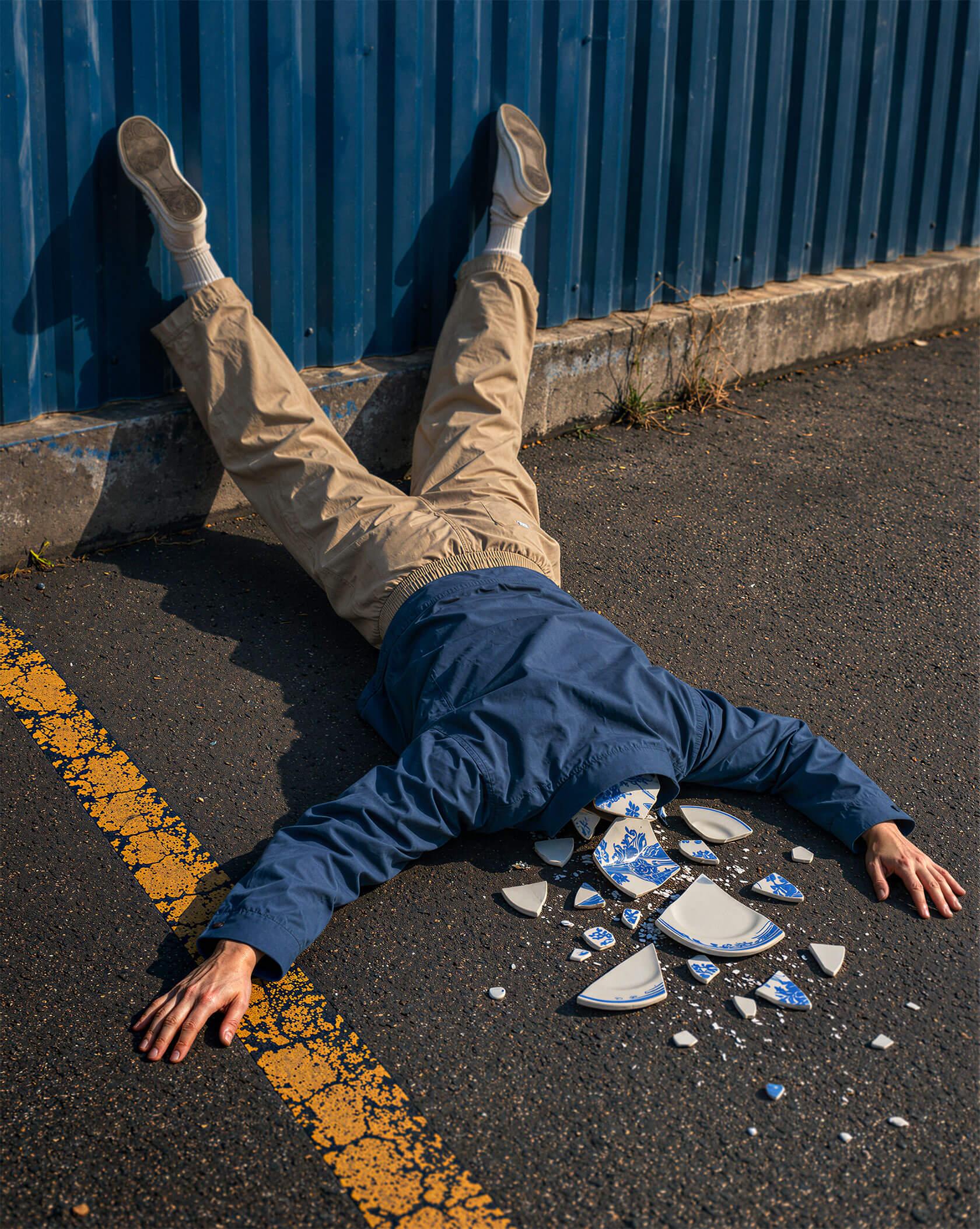 A surreal photograph of a person lying face down on asphalt beside a blue wall, with shattered pieces of blue and white porcelain scattered around their head.