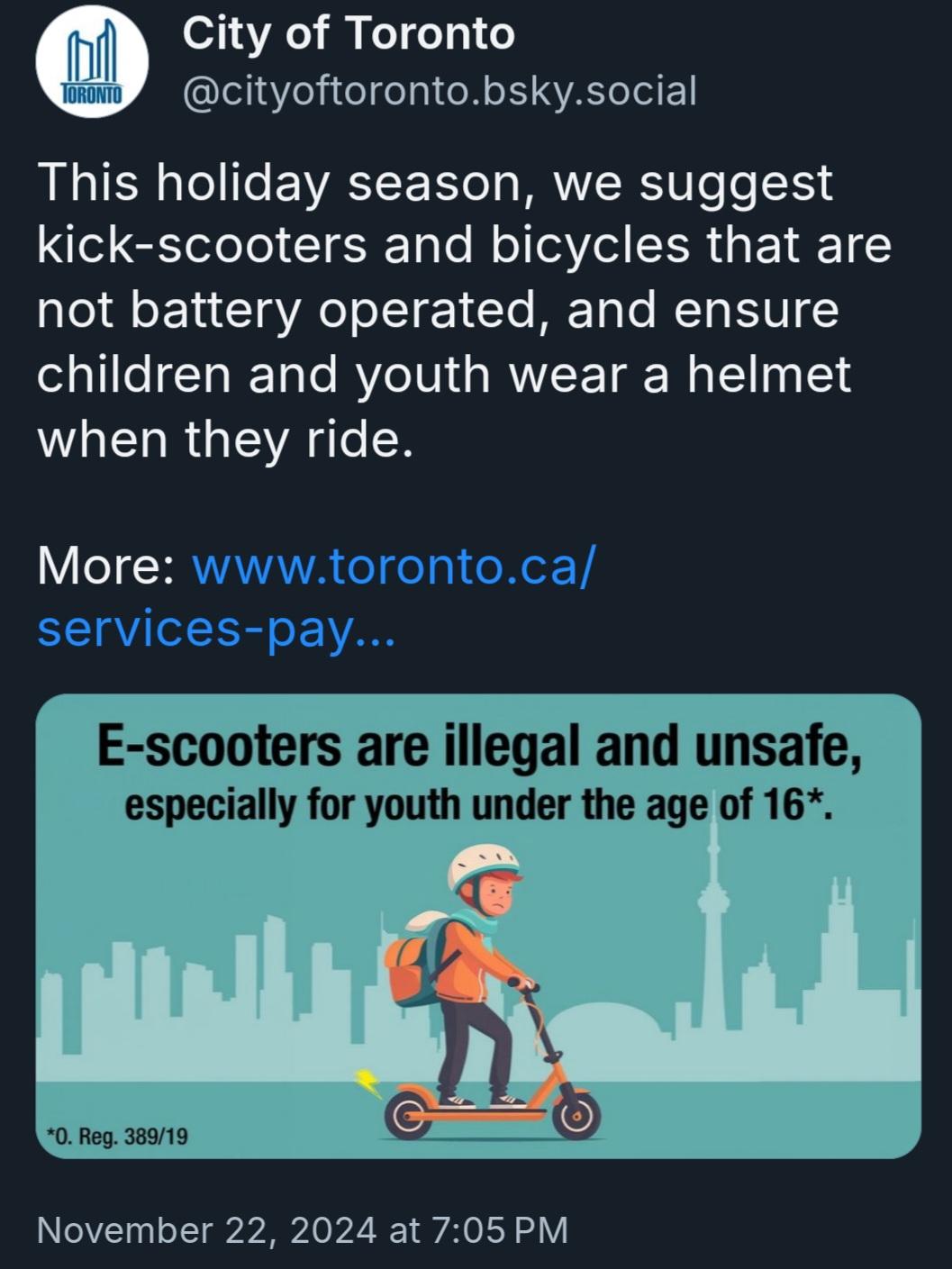 City of Toronto post on Bluesky: "This holiday season, we suggest kick-scooters and bicycles that are not battery operated, and ensure children and youth wear a helmet when they ride."