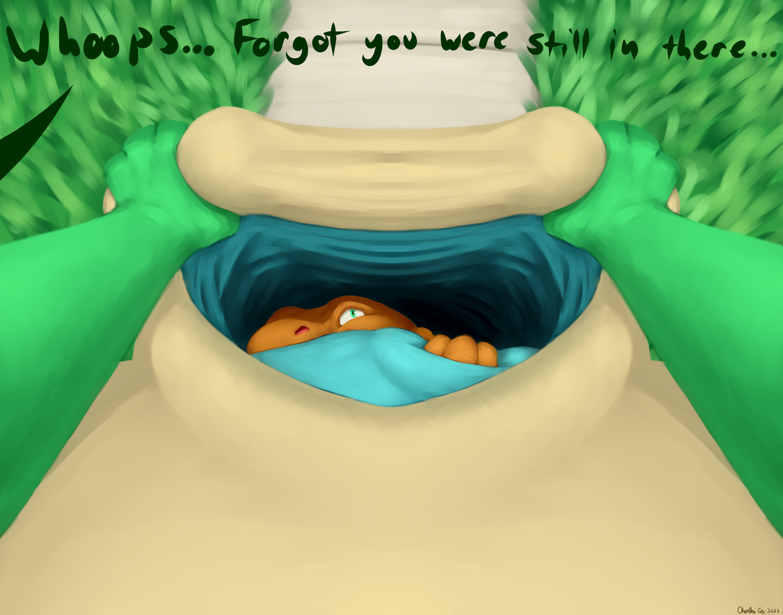 A view looking down at the large belly of a green and cream colored dragon. below is a sidewalk and some grass as they walk along. Their arms reach out from out of frame to pull open their large pouch at the front of their belly. The pouch is pulled open showing blue interior with a smaller orange lizard inside. Their hand reaching up and trying to hold onto the upper area of the pouch squishing into the dragon's belly while their head can be seen barely peeking over the edge. Behind them is the dark tunnel of the pouch. Their eyes look upwards towards the dragon with a look of concern as the dragon says, "Whoops... Forgot you were still in there..." before letting go of the pouch and letting it snap back shut. Hopefully the dragon doesn't forget again.