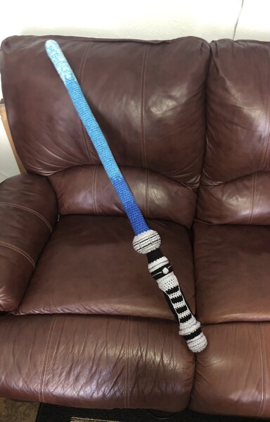“The Twisted Saber!” More than 36 inches long! Has a PVC pipe core to keep it sturdy! Double strand crochet for durability! Hand sewn and hand painted details!