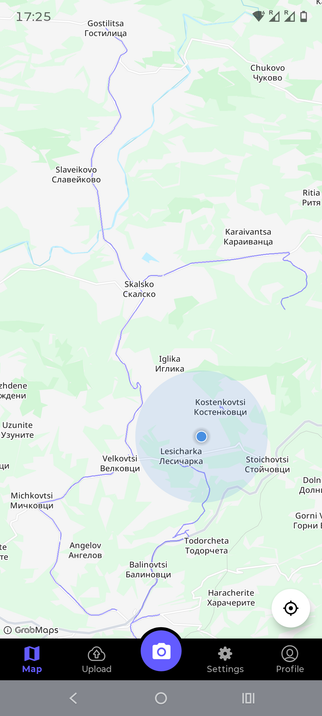 A map of villages around gabrovo, Bulgaria. Some of the roads between them are blue.