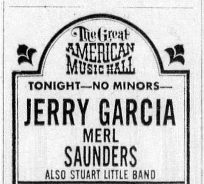 newspaper ad for Jerry Garcia & Merl Saunders with Stuart Little Band