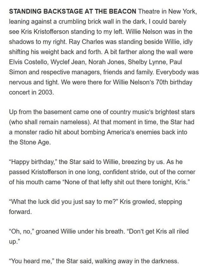 part 1 of long text block about Kris Kristofferson telling Toby Keith what's what, linked above