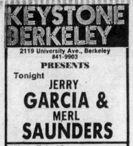 newspaper ad for Jerry Garcia & Merl Saunders at Keystone Berkeley