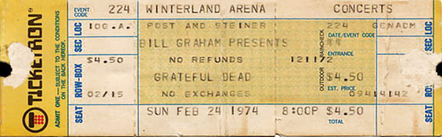 Ticketron ticket for the Grateful Dead at Winterland